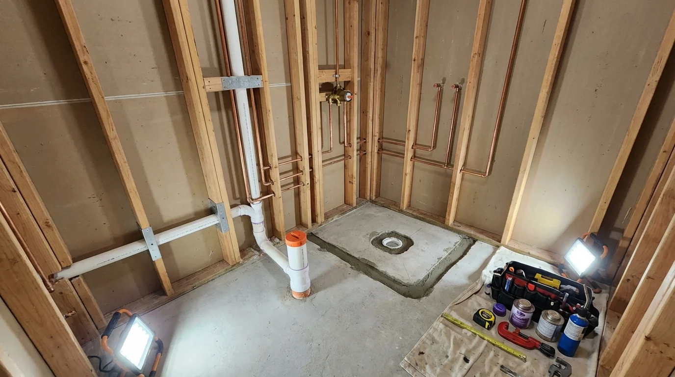 Bathroom rough-in plumbing during remodel by Johns Plumbing LLC in Dubois