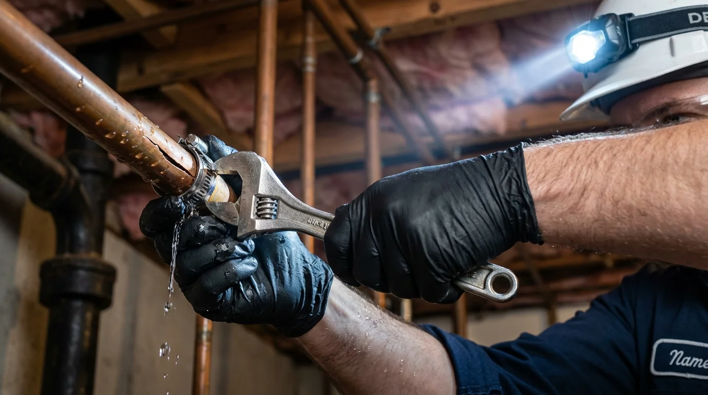 Emergency pipe clamp repair being performed by a Johns Plumbing LLC plumber in Dubois