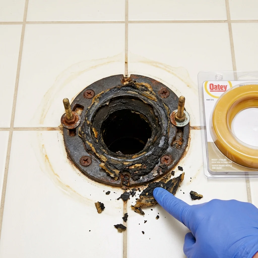 Failed wax ring showing water seepage at the base of a toilet in a Dubois, ID home