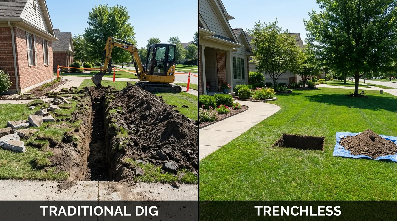 Trenchless sewer repair with minimal yard damage versus traditional excavation in Dubois, ID