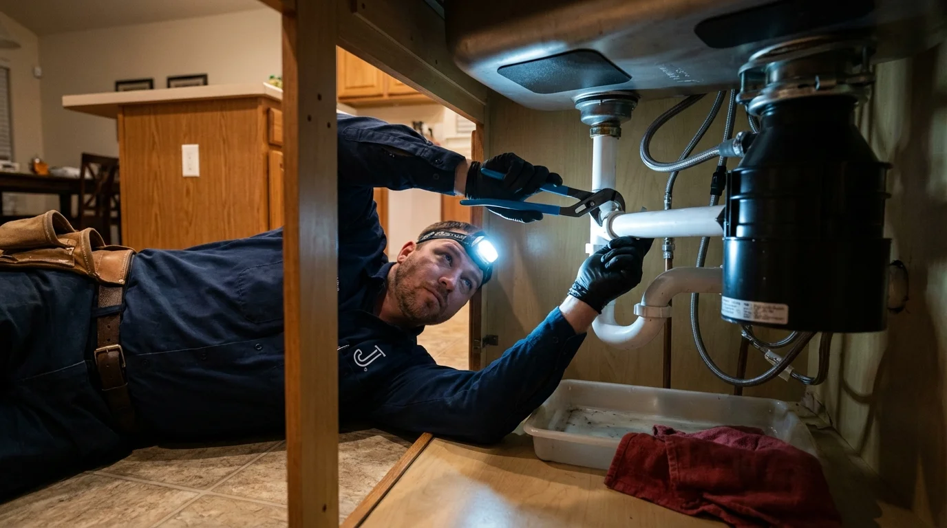 P-trap and supply line connections under a kitchen sink showing a common leak point in Dubois, ID